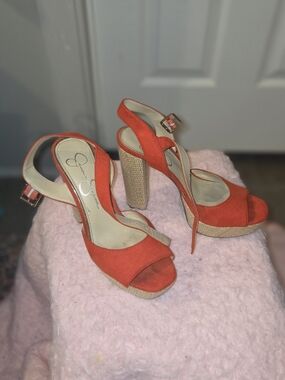Jessica Simpson Orange Suede Platform Slingback Heels